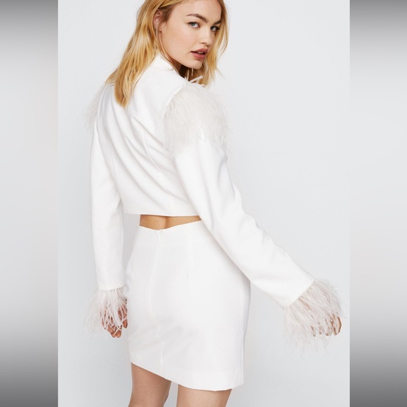 Nasty Gal Feather Trim Cropped Blazer & Skirt SET - Picture 2 of 7